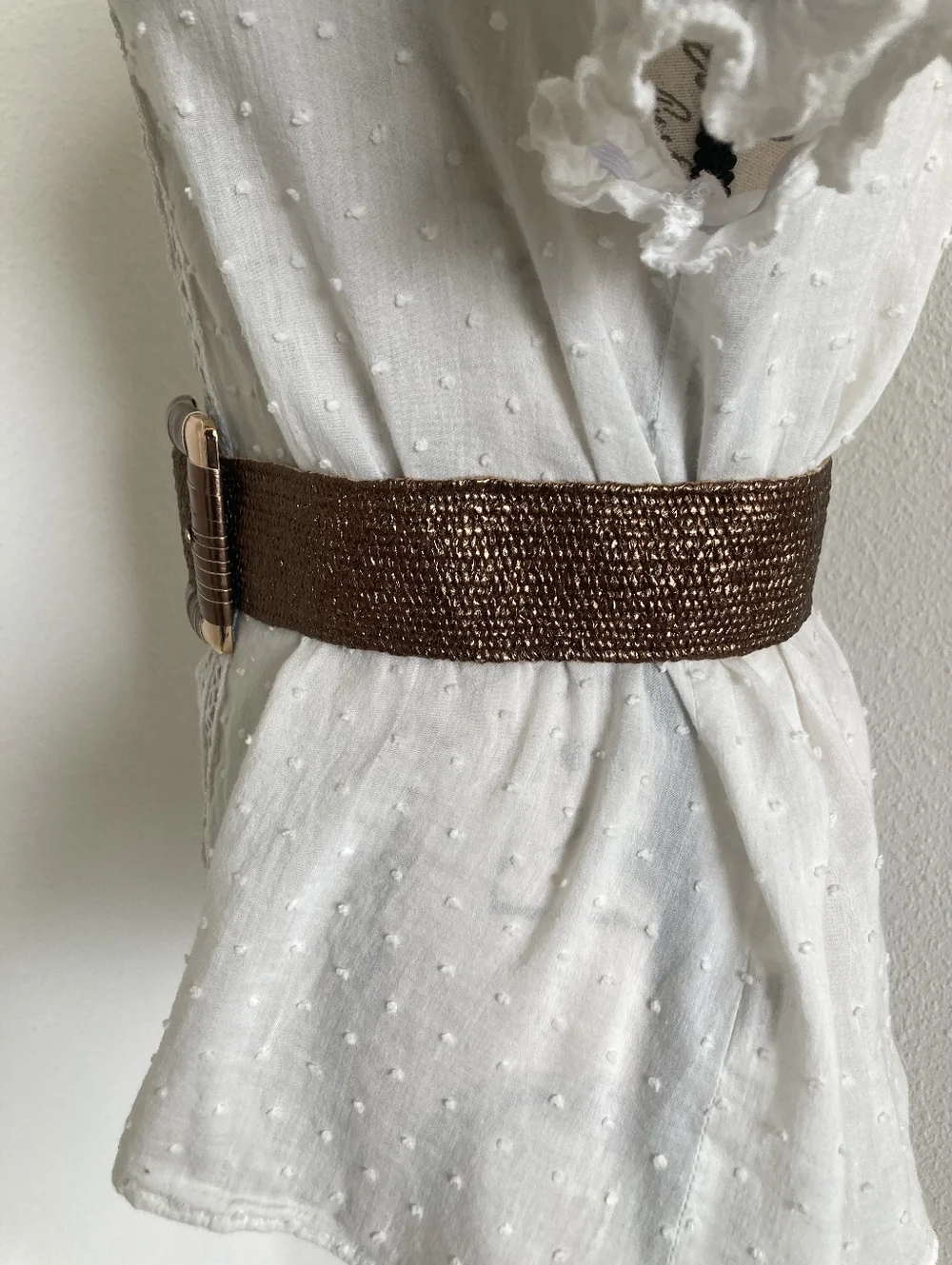 Corset Wide Woven Waist Belt Metallic Bronze Stretch Chunky Square Buckle S/M/L